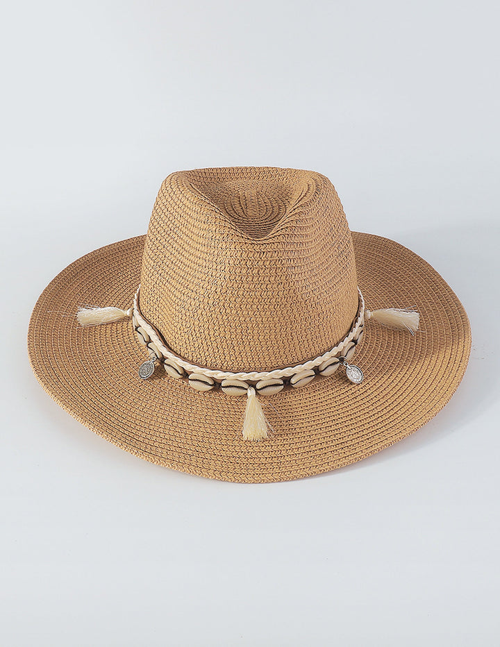 Straw Hat na may Shell Tassels