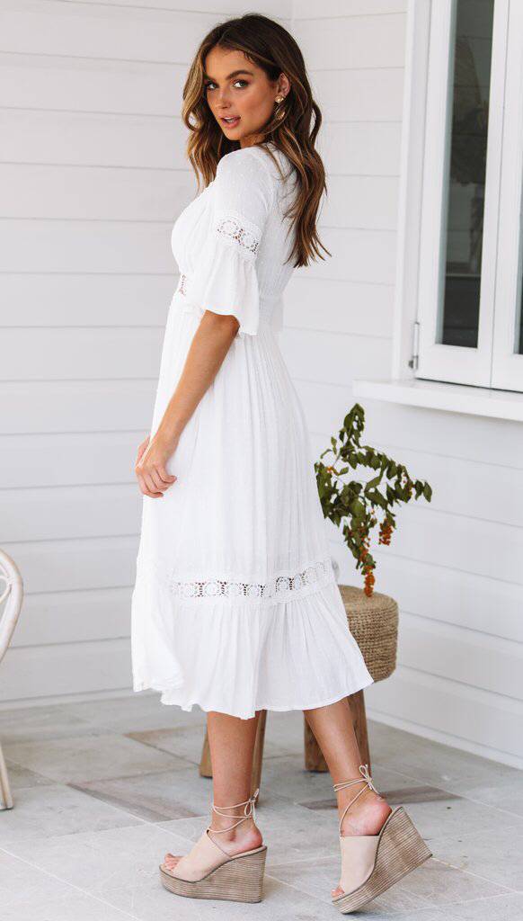 Puting V Neck Ruffle Hem Lace Dress