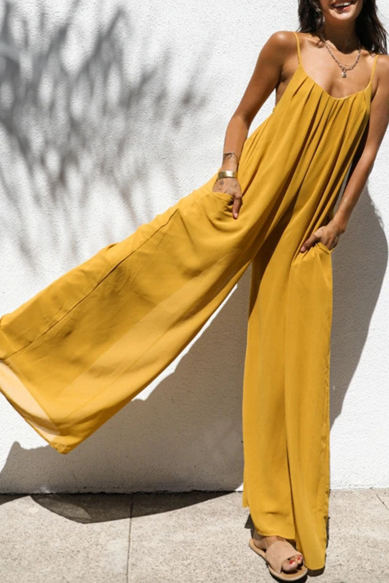 Solid Patchwork Spaghetti Strap Oversized Maxi Jumpsuit Sa Dilaw