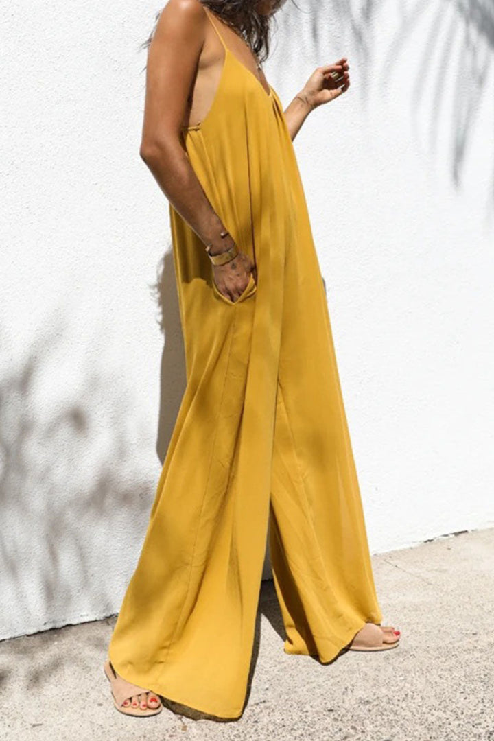 Solid Patchwork Spaghetti Strap Oversized Maxi Jumpsuit Sa Dilaw