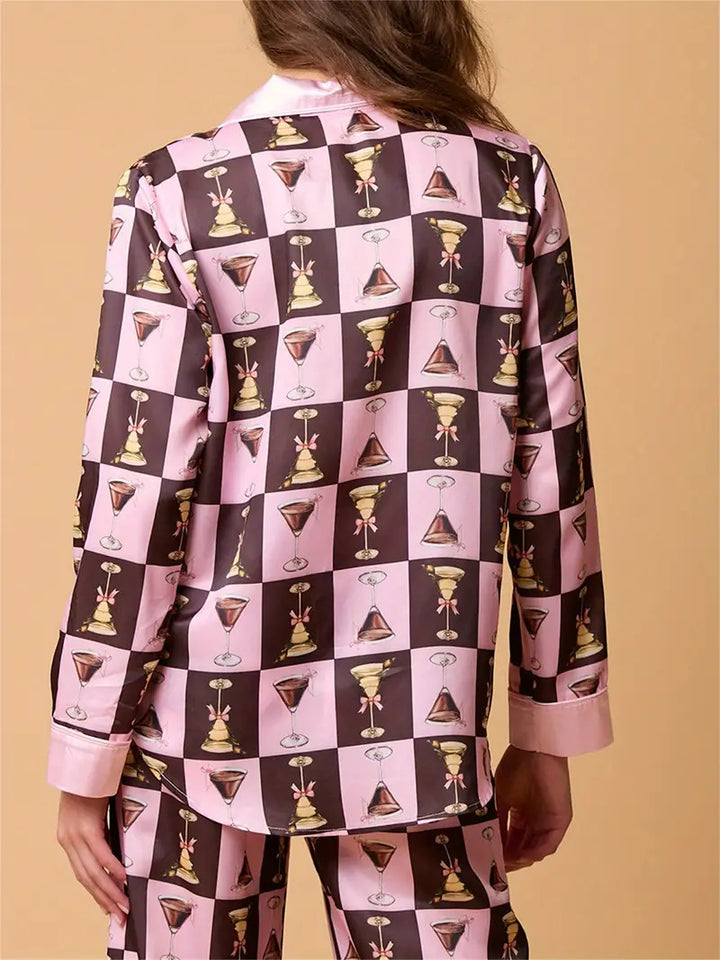 Pyjama-Set mit kariertem Weinglas-Print, langärmliges Hemd