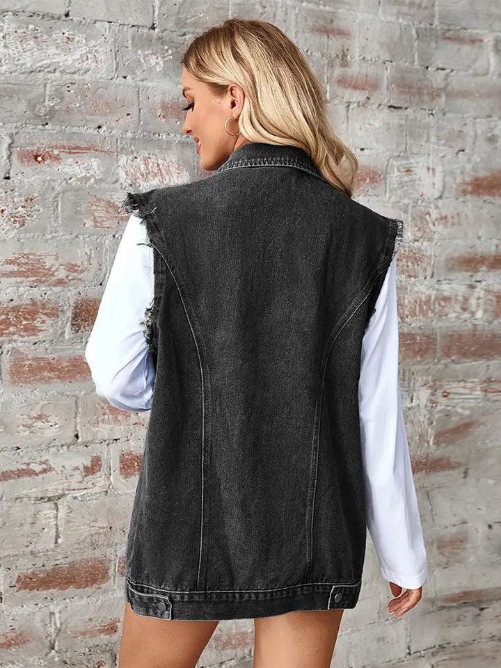 Vasket denim ærmeløs cardigan