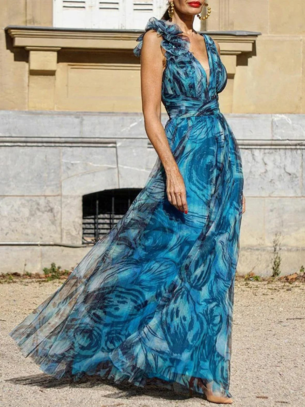 Swing Print Maxi Αμάνικο Φόρεμα