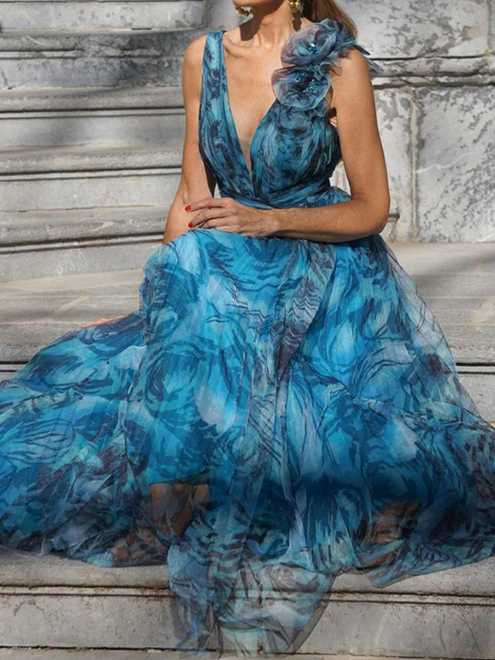 Swing Print Maxi Αμάνικο Φόρεμα