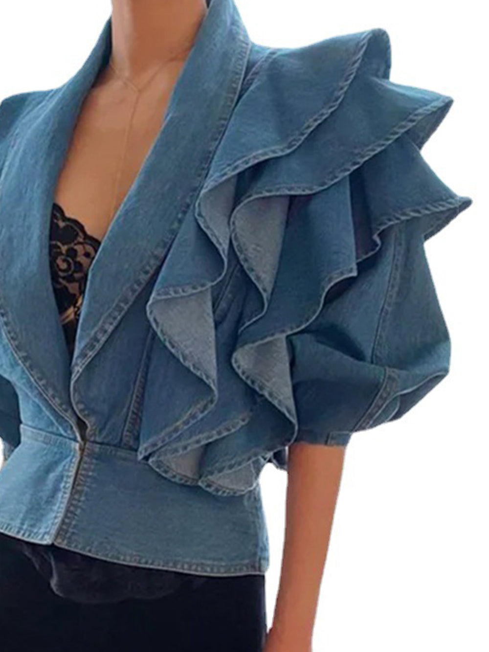 Elegantní plisované džínové halenky typu Bomber