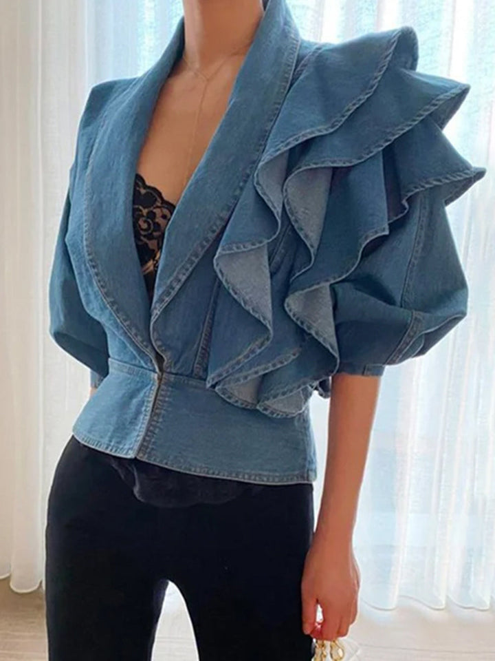 Elegantní plisované džínové halenky typu Bomber