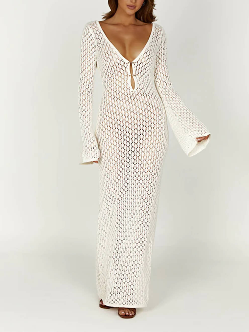 cut out fishtail maxi dress in white Aloruh Women's Solid White Backless Tie Strap Cutout Fishtail Dress, Suitable For Spring/Summer, Vacation, Wedding Season