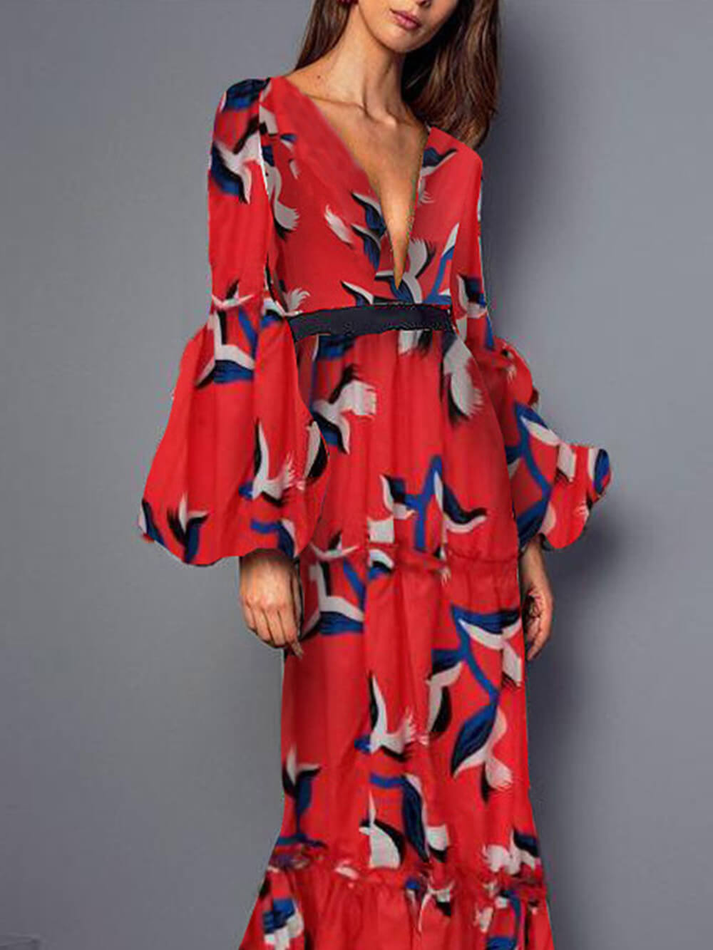 Robe longue sexy à col en V et cintrée à la taille