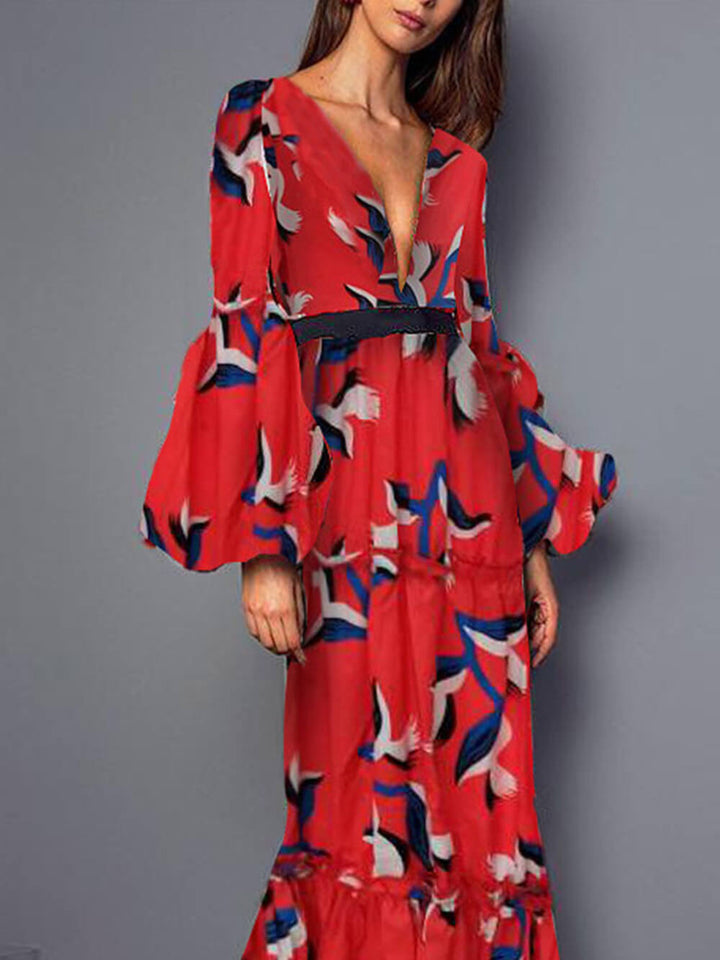 Robe longue sexy à col en V et cintrée à la taille