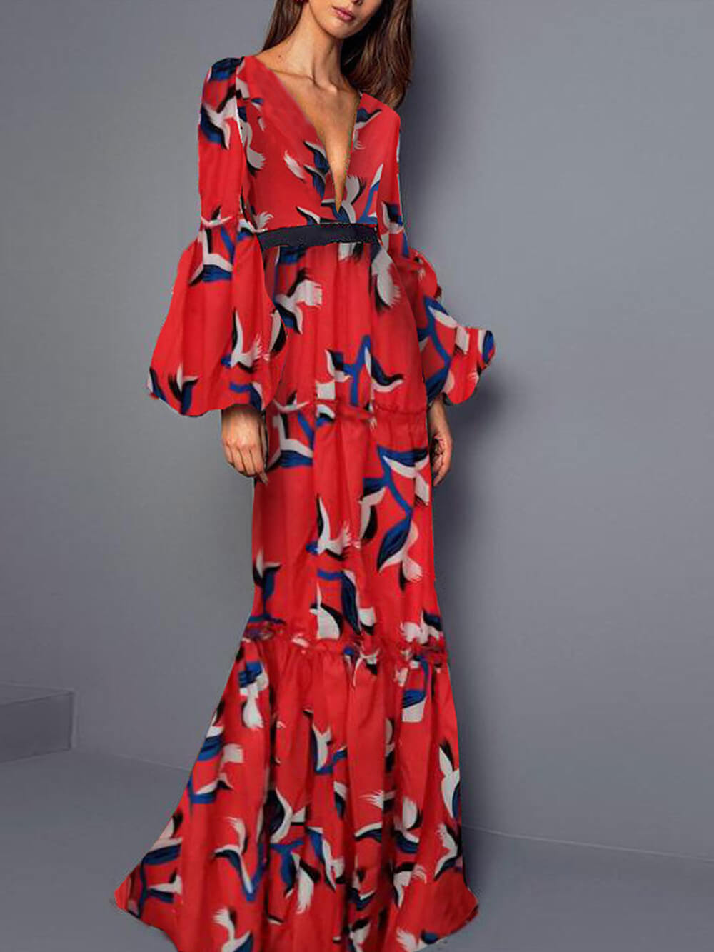 Robe longue sexy à col en V et cintrée à la taille