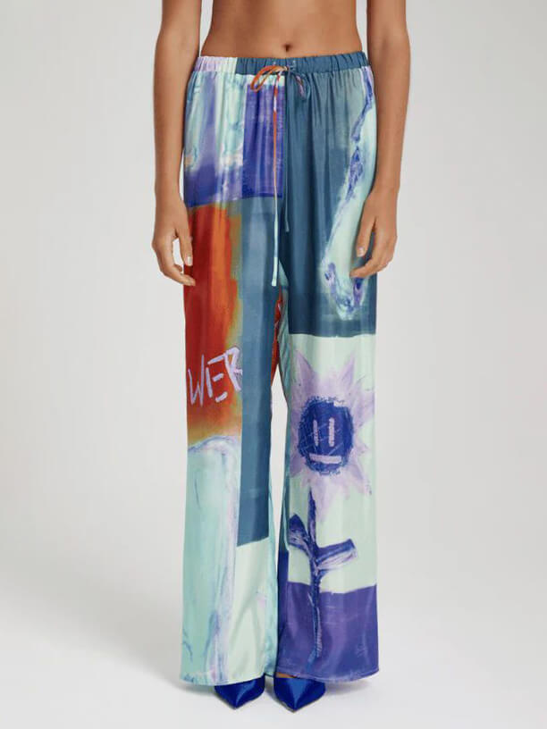 Natatanging Ink Floral Print Loose Wide-Leg Pants
