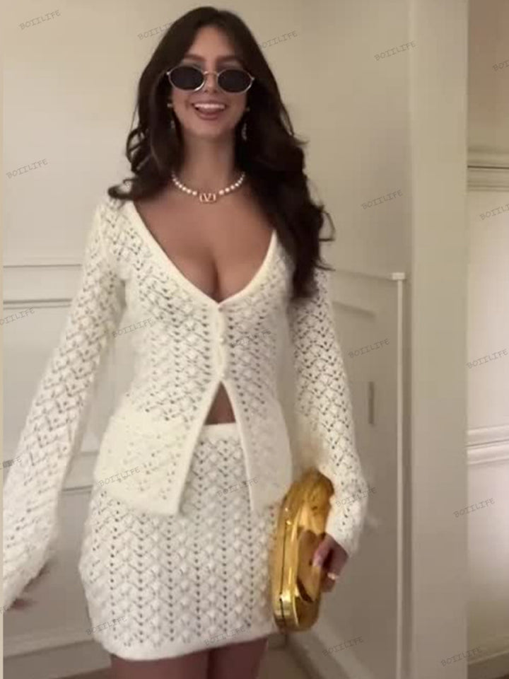 Dame Strikket Cardigan Mini Skirt Sæt