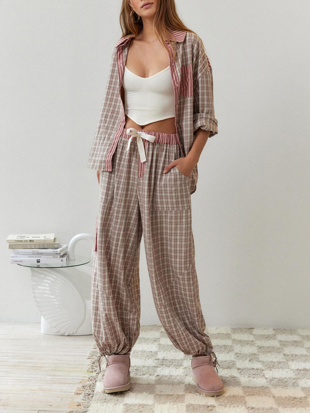 Conjunto de pijama con empalme suelto rosa