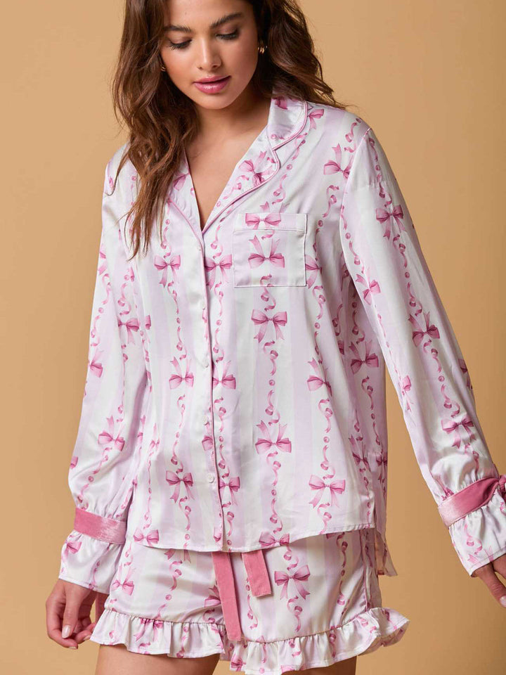 Ensemble de pyjama à boutons avec manches longues et nœud