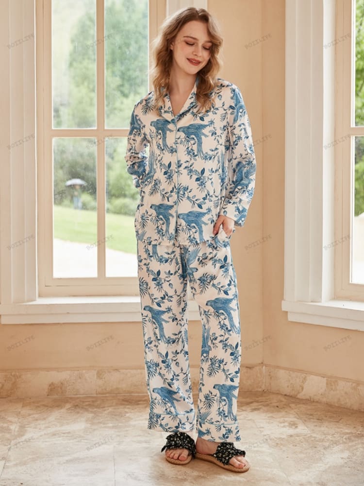 Conjunto de ropa de estar por casa de pijama de manga larga de seda helada con estampado de loros