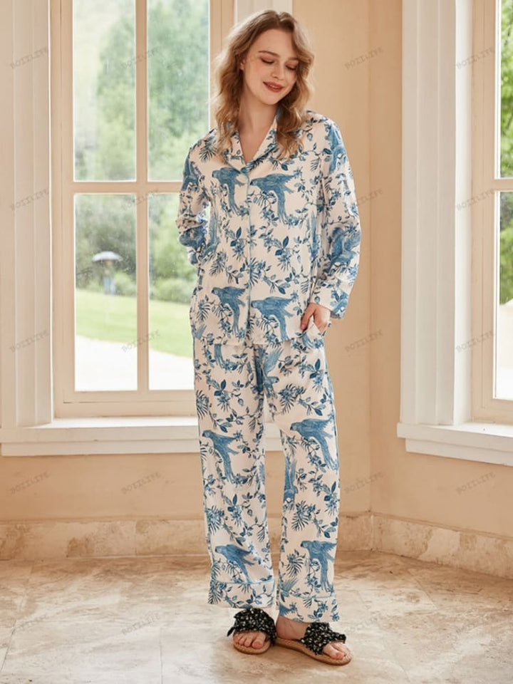 Conjunto de ropa de estar por casa de pijama de manga larga de seda helada con estampado de loros