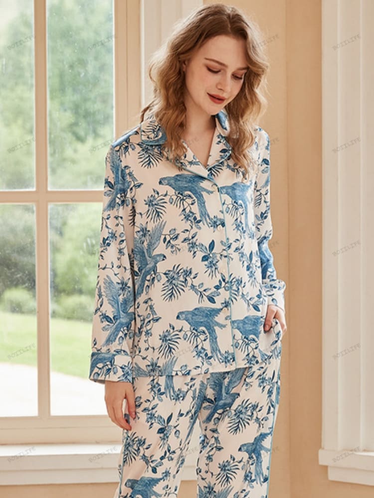 Conjunto de ropa de estar por casa de pijama de manga larga de seda helada con estampado de loros