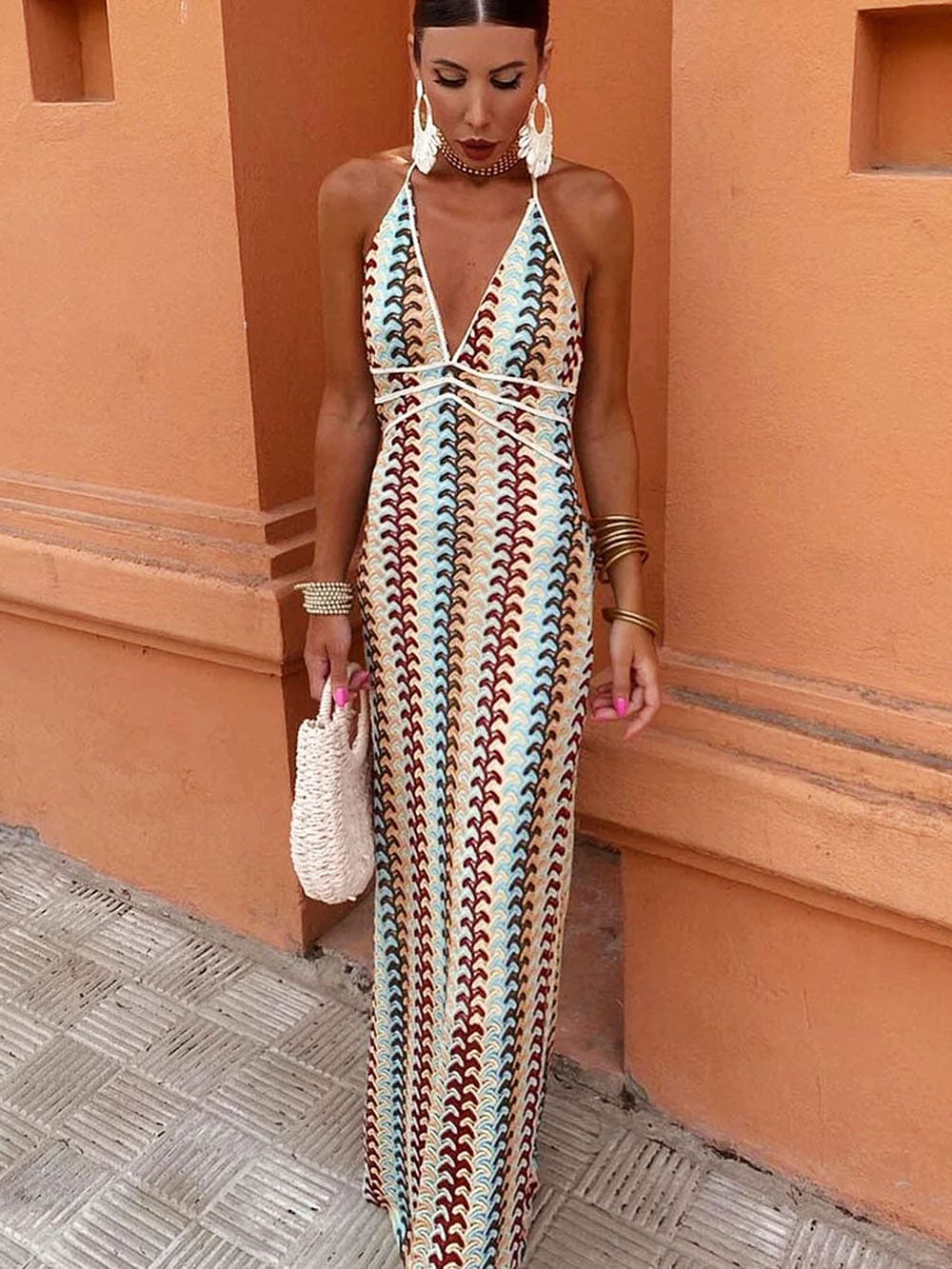 Halter V Neck Backless Boho Pattern Knit Slim-Fit Vacation Maxi Dresse Boiilife Halter V Neck Backless Boho Pattern Knit Slim-Fit Vacation Maxi Dresse Boiilife