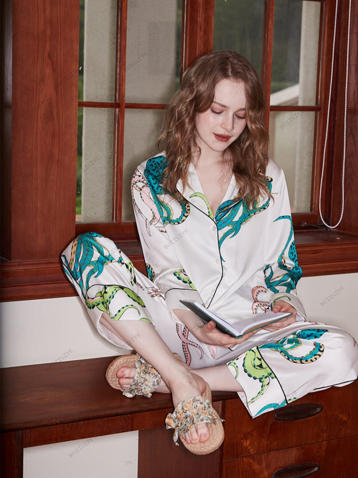 Octopus Print Ice Silk Langermet Loungewear Set - Hvit
