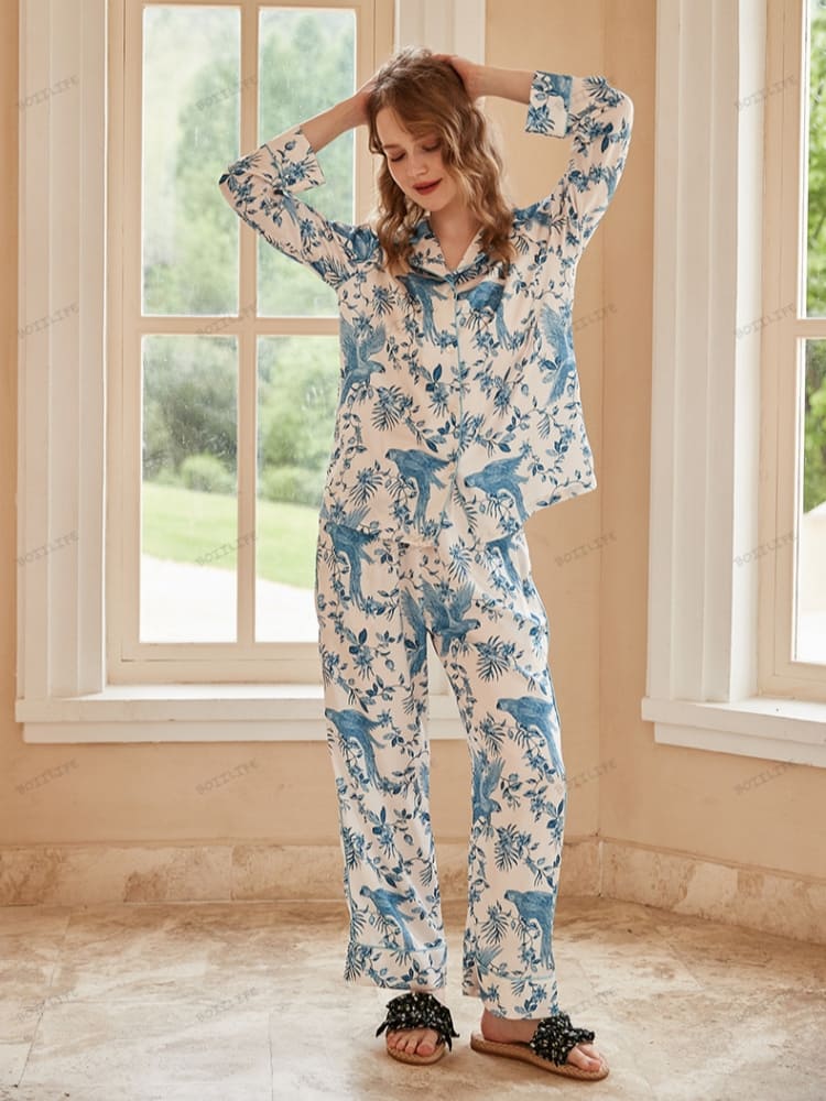 Conjunto de ropa de estar por casa de pijama de manga larga de seda helada con estampado de loros