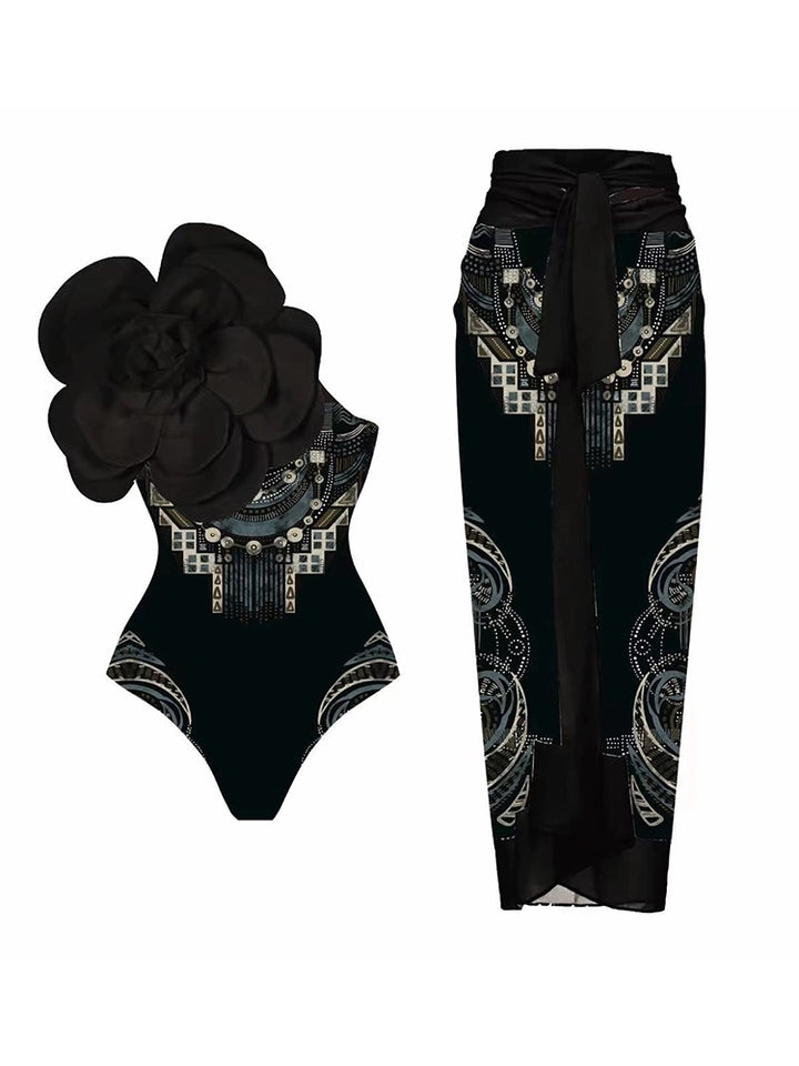 Floral Print One-Piece with 3D Black Flower