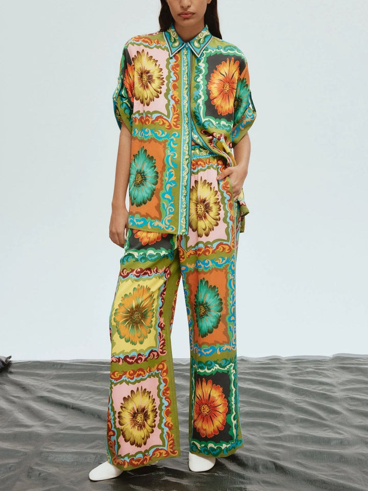 Ensemble pantalon à jambes larges à imprimé tournesol unique