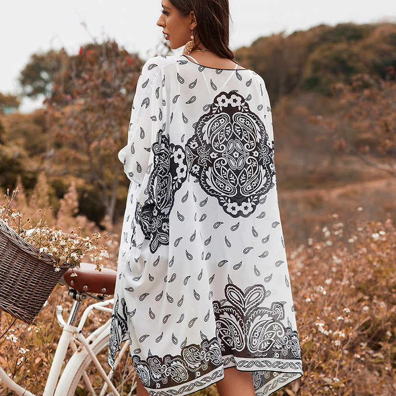 Sayulita Shawl Cape: Naka-print na Short Sleeve Convertible Kimono