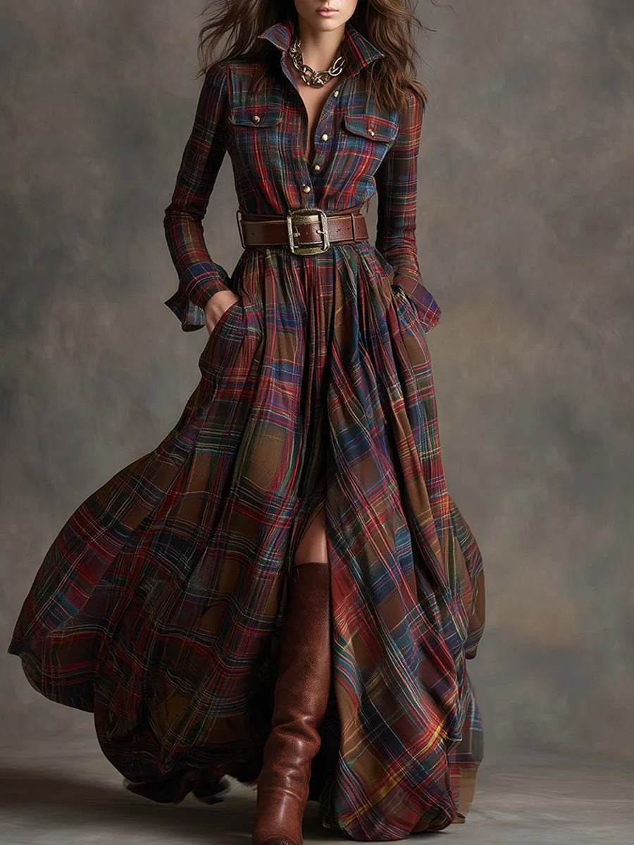 Retro lapel reddish brown plaid maxi dress – Boiilife