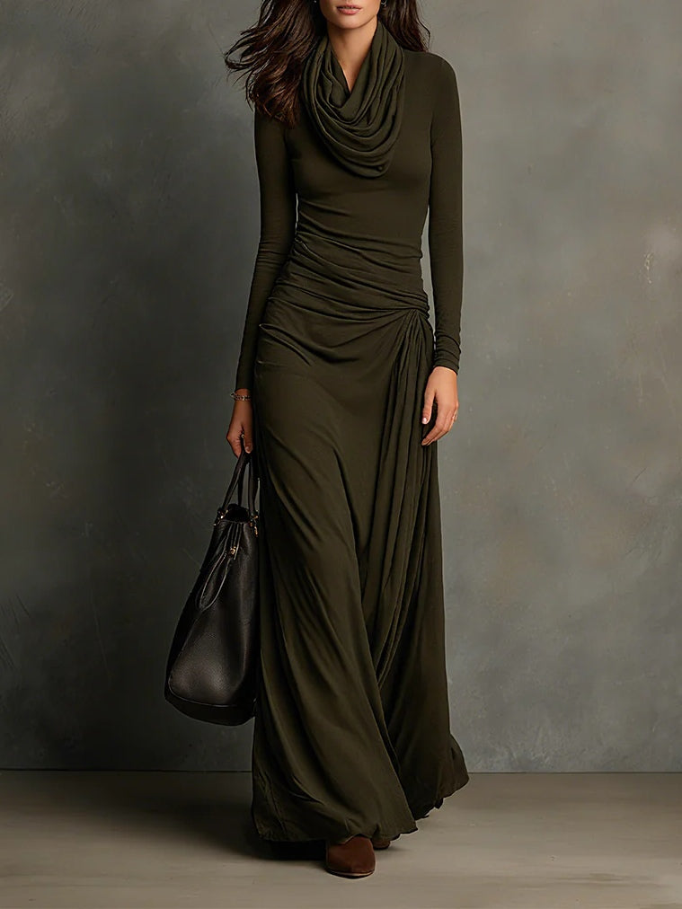 Olive Green Turtleneck Pleated Maxi Dress – Boiilife