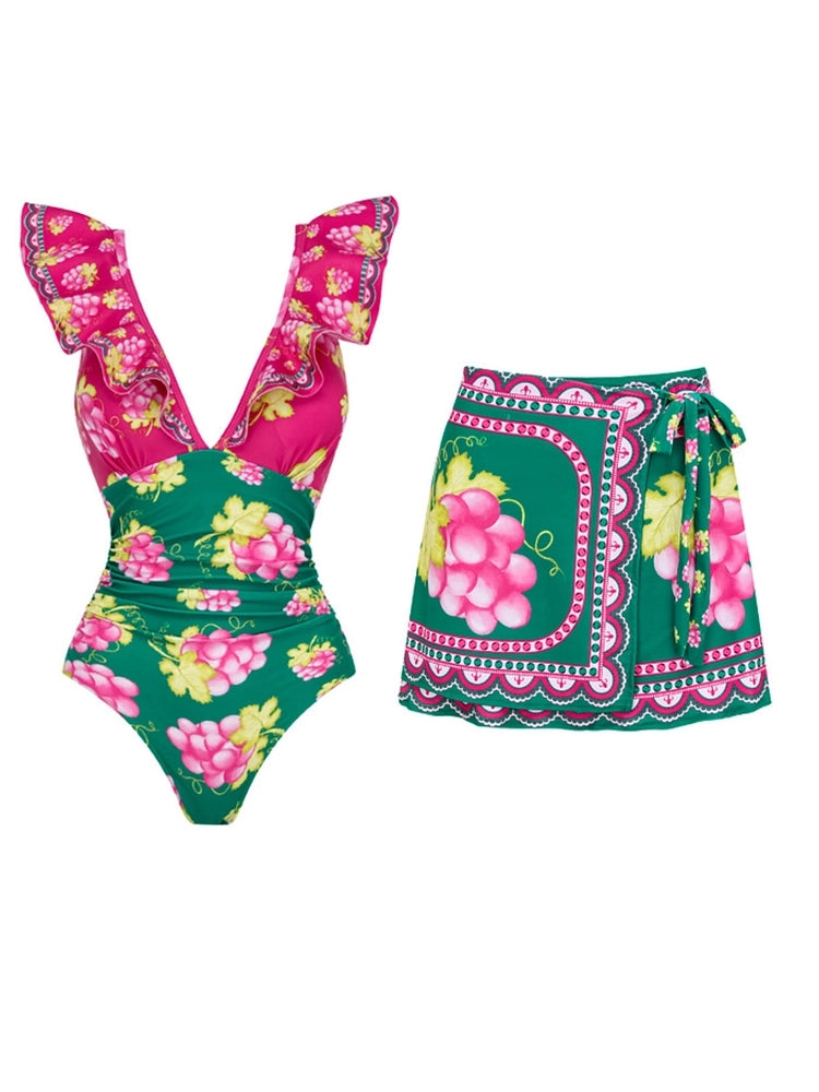 Ruffled Ruched One-Piece Short skirt Set