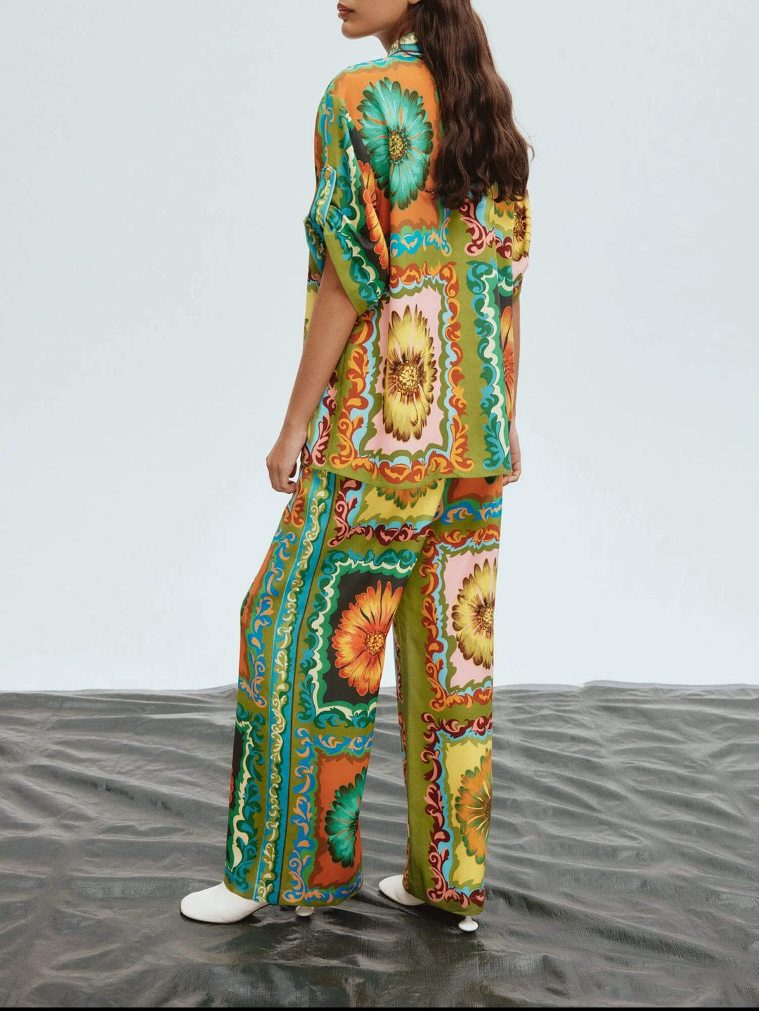 Ensemble pantalon à jambes larges à imprimé tournesol unique