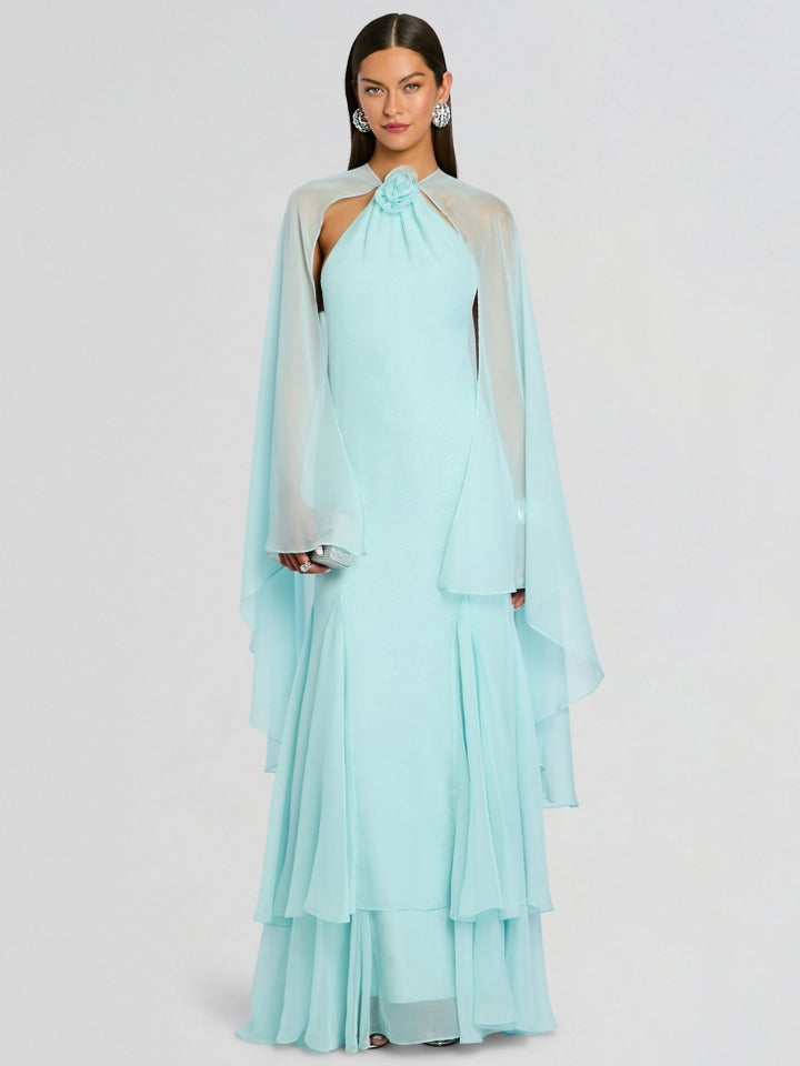 Ice Blue Cape Cowl Neck Gown
