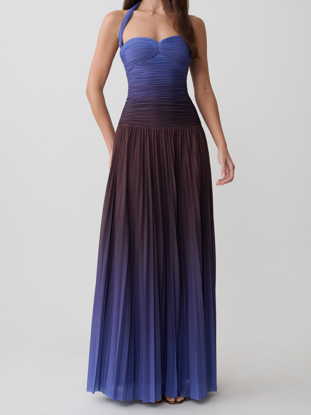 Gradient Pleated Halter Maxi Dress