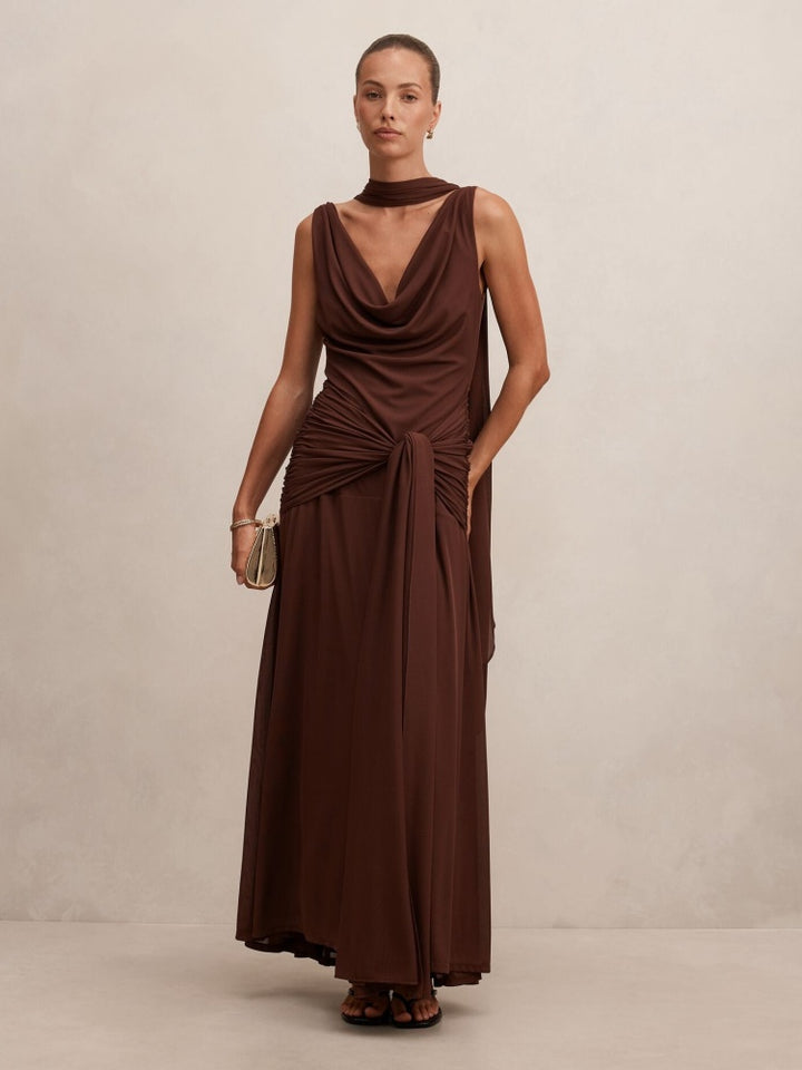 Draped High-Neck Open-Back Gown