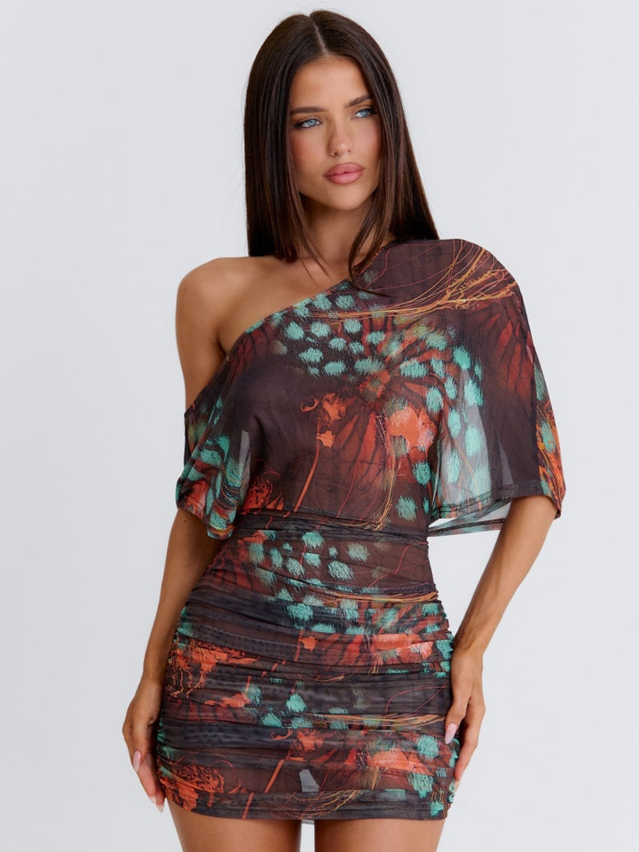 Robe mini en mesh froncée à une épaule