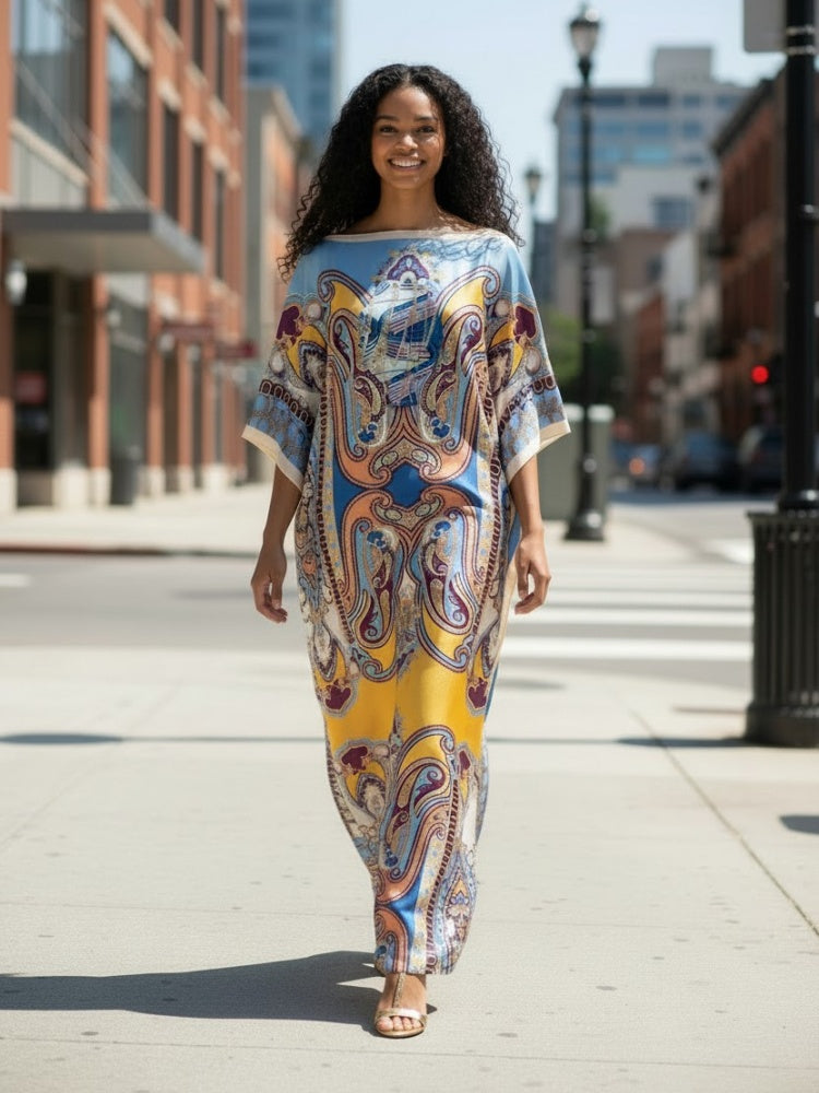 Printed Off-Shoulder Batwing Kaftan Dress