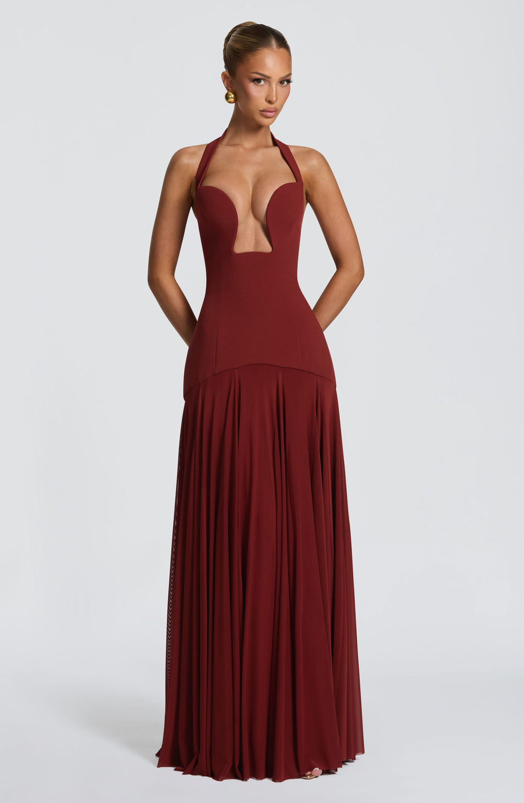 Bordeauxrotes Spitzenkleid im Meerjungfrauenstil mit Schnürung