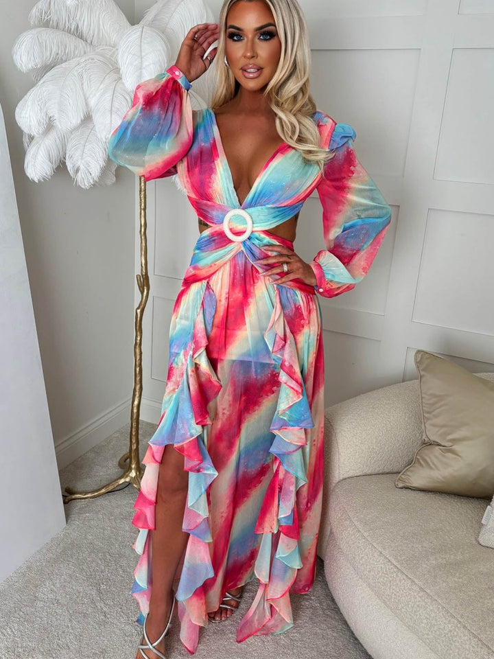 Sequin Watercolor Cutout Backless Maxi Dress