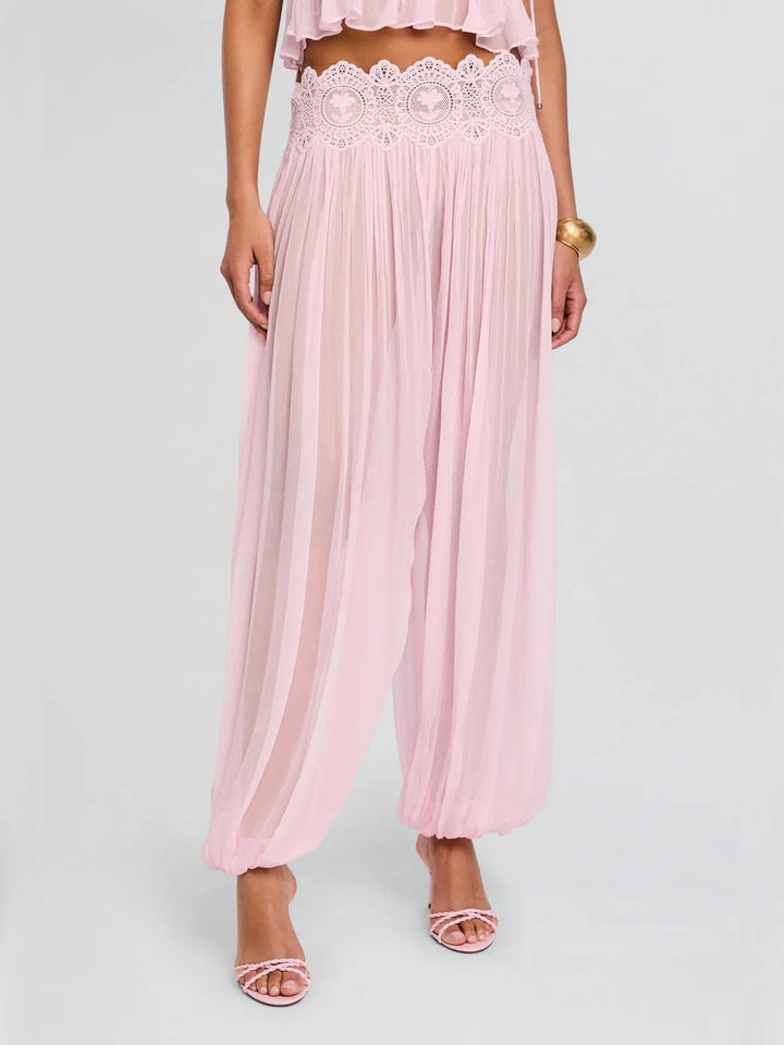 Pantalones bombachos de cintura alta con encaje guipur floral