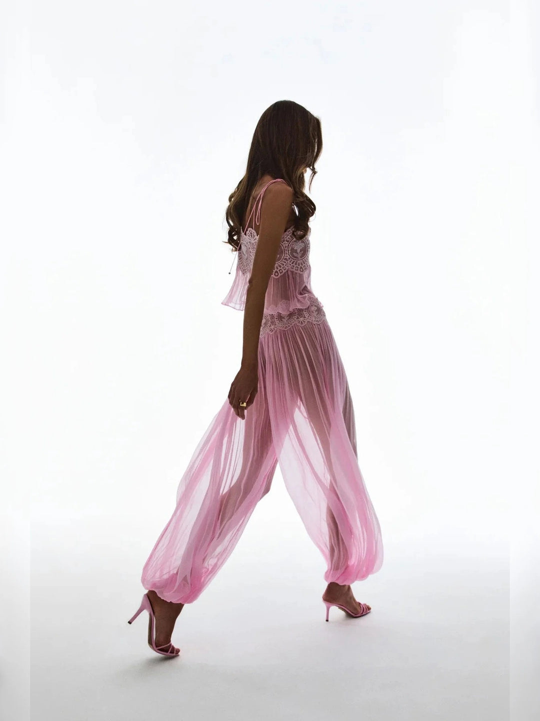 Pantalones bombachos de cintura alta con encaje guipur floral