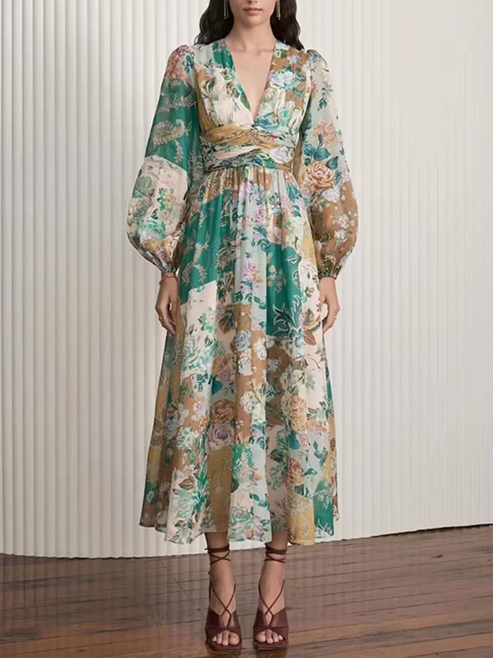 Pininturahan ng Kamay na Naka-print na V-Neck Waist Midi Dress