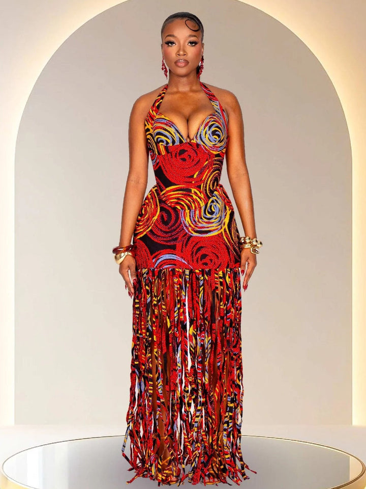 Statement Halter Fringe Maxi Dress