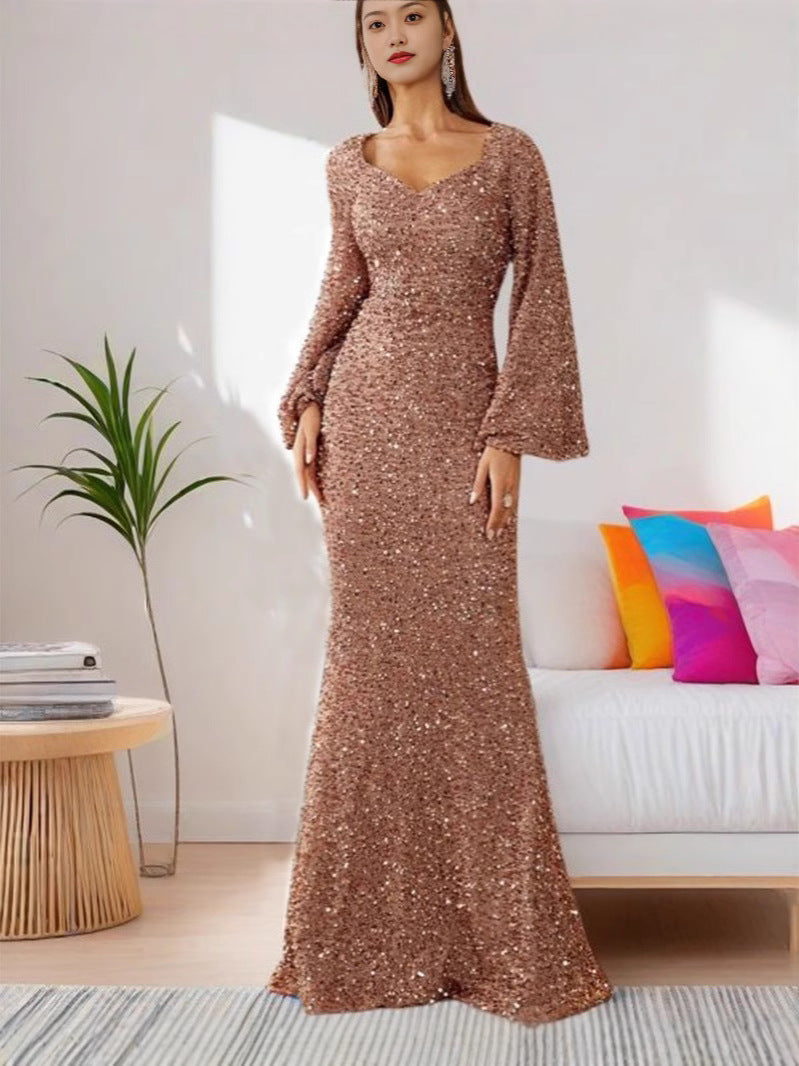 V-Neck Sequin Bodycon Dress with Trumpet Sleeves