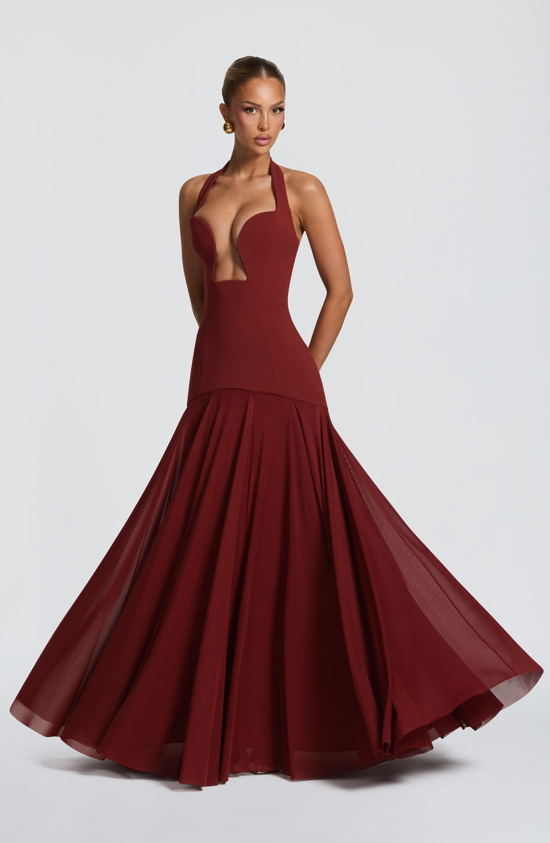 Bordeauxrotes Spitzenkleid im Meerjungfrauenstil mit Schnürung