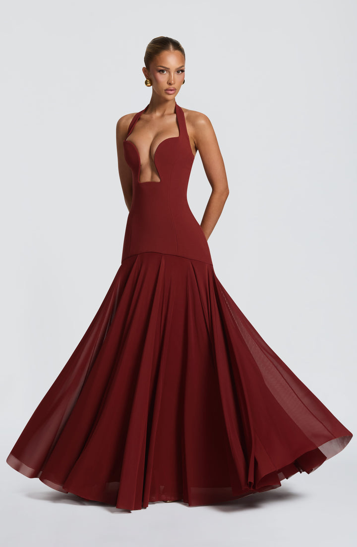 Bordeauxrotes Spitzenkleid im Meerjungfrauenstil mit Schnürung