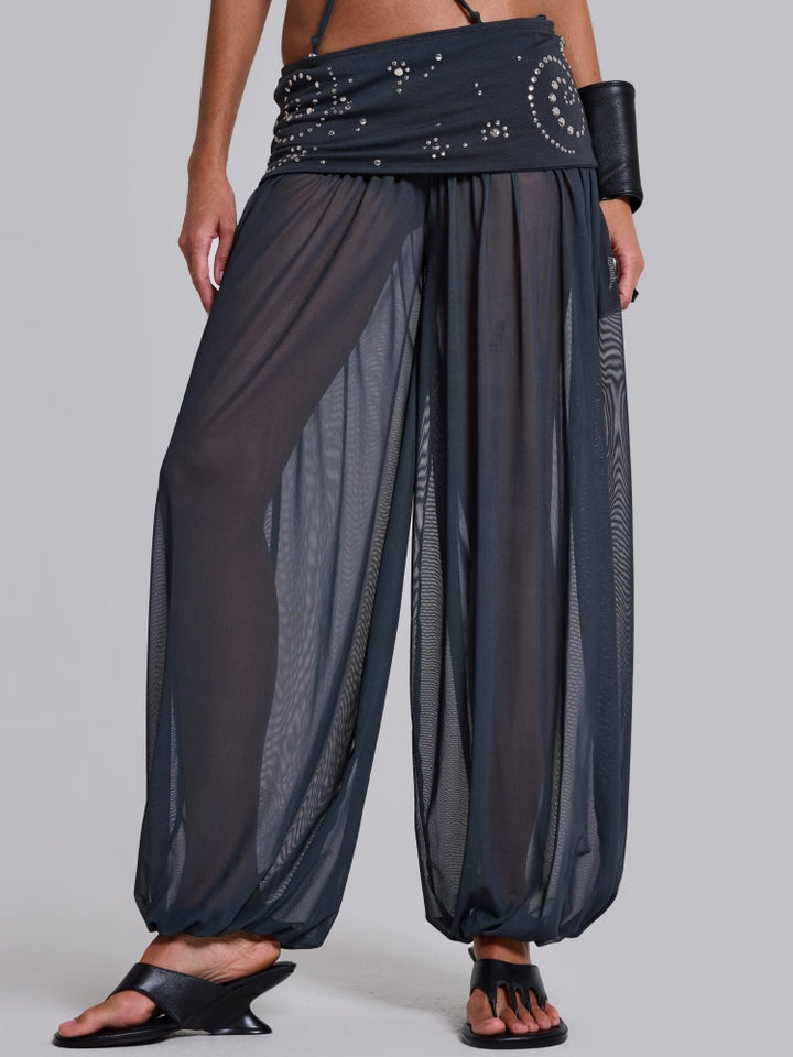 Pantaloni Harem Trasparenti con Vita a Paillettes