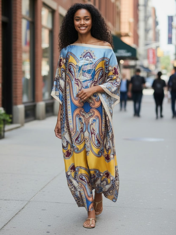 Printed Off-Shoulder Batwing Kaftan Dress