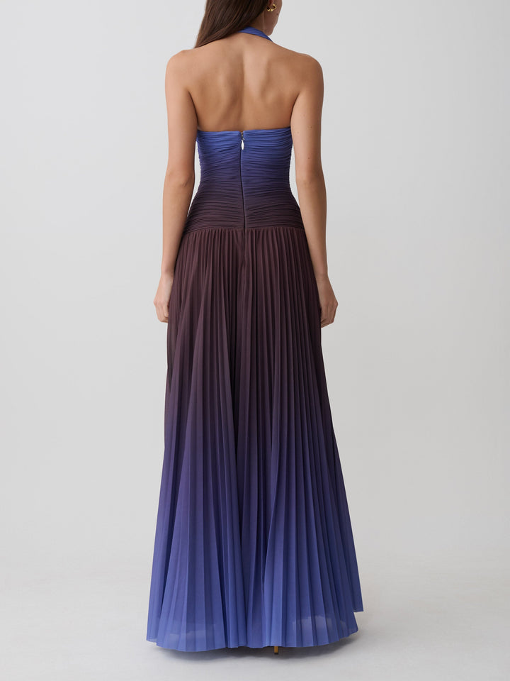 Gradient Pleated Halter Maxi Dress