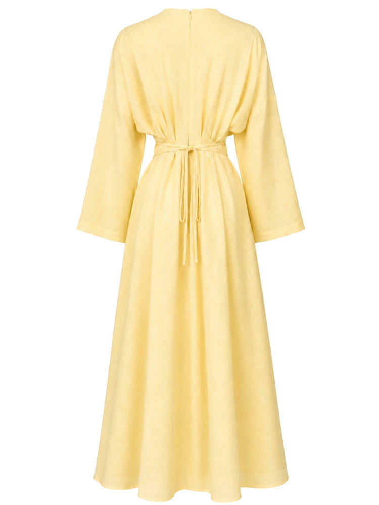 Linen Batwing Maxi Dress With Belt