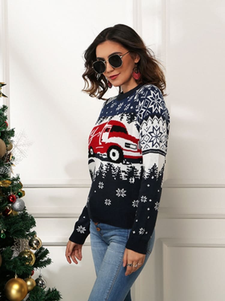 Snowflake and Truck Print Christmas Sweater